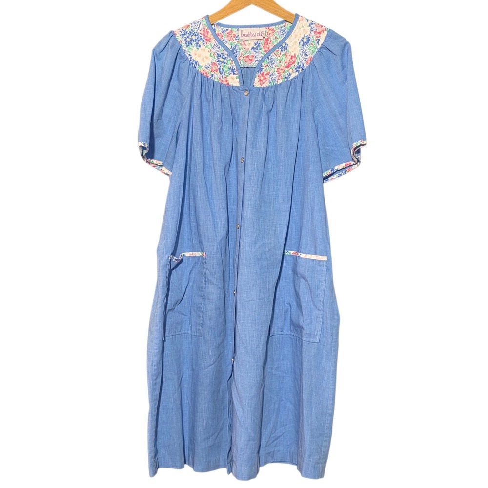 The Breakfast Club Womens L House Dress Blue Floral Quilted Snap Front Pockets
